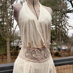 Boho Cream Halter Dress with Crochet Waist
